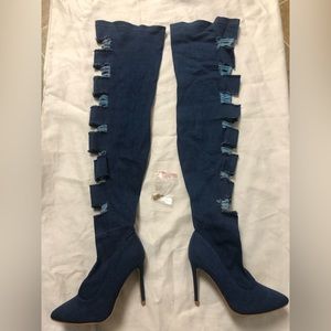 THIGH HIGH DISTRESSED DENIM HIGH HEEL BOOTS SIZE: 8.5